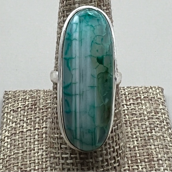 New Green Enhanced Botswana Dragon Vein Agate Stone Silver Overlay Ring Size 8.5 - Picture 2 of 10